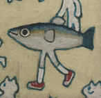 small colored doodle of a fish with legs wearing red sneakers